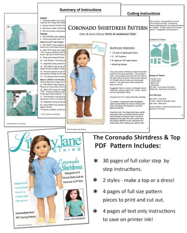 Coronado Shirtdress and Top 18  Doll Clothes Pattern Sale - Image 4